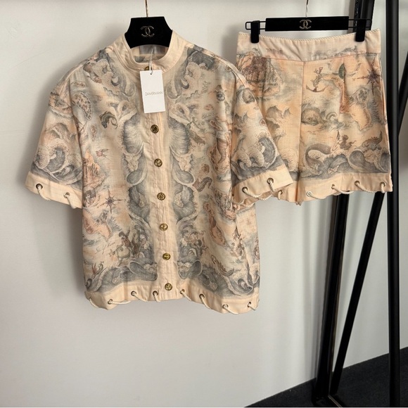 Zimmermann Tops - Zimmermann Beige and Gray Patterned Short Sleeve Top